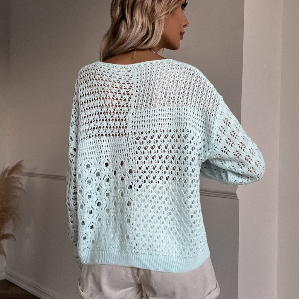 Cozy Boho Light Blue Off Shoulder Knit Sweater Top - Picture 4 of 6